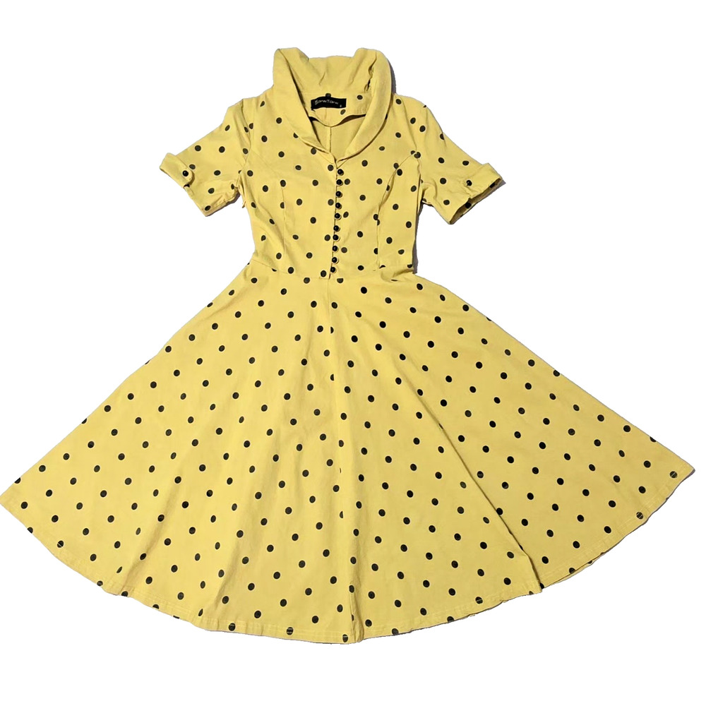 GownTown Vintage 1950s Style Polka Dot Swing Dress - Mustard Yellow - Size S